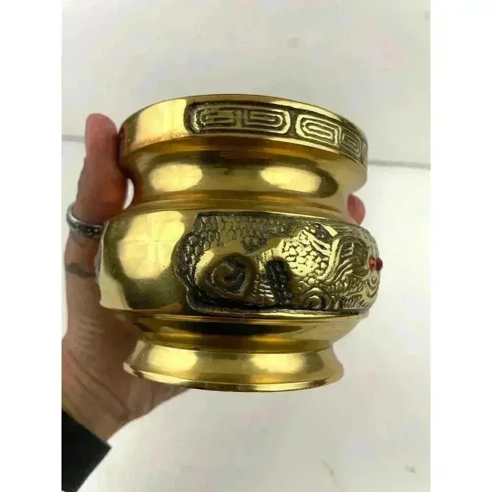 VTG Brass Chinese Dragon Bowl‎ Small Pot Incense Etched Design 3.25